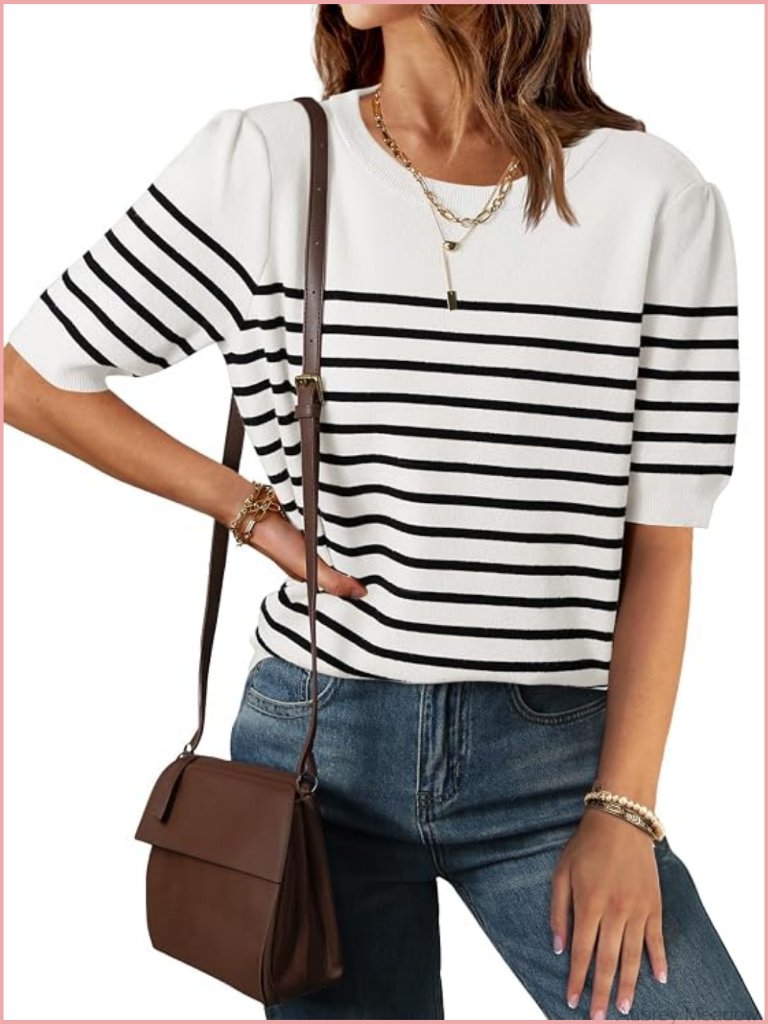 Crew Neck Striped Knit Short Sleeve Pullover Sweater Top
